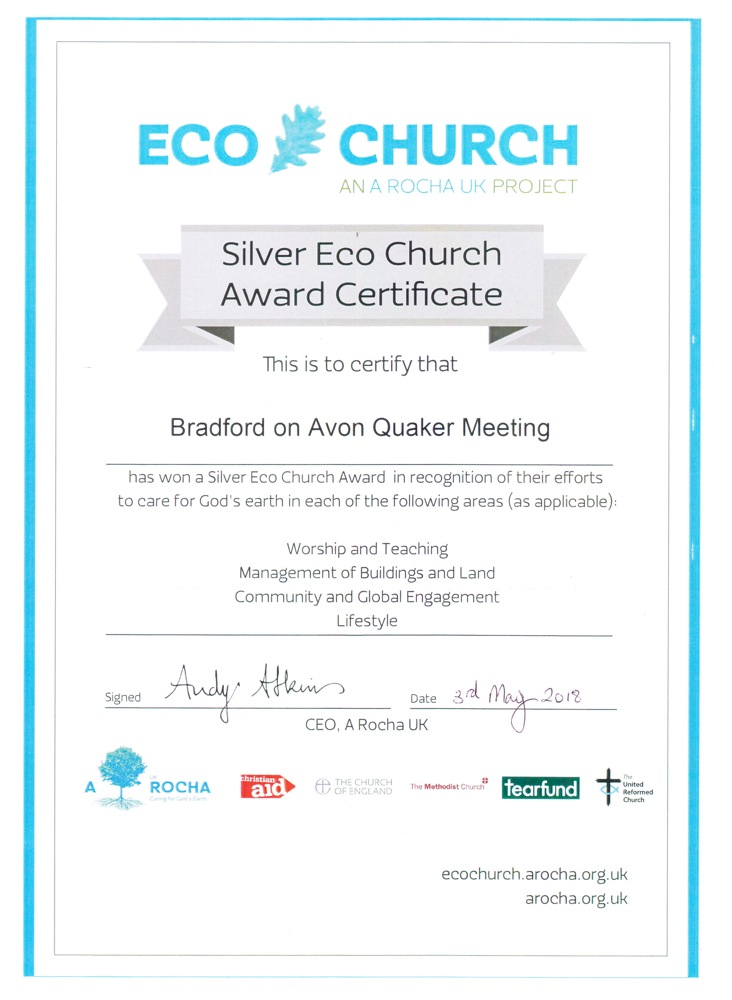 BoA Quakers Eco Church Silver Award Certificate